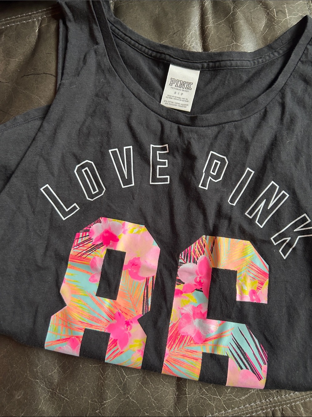 PINK Victoria's Secret Black Tank with Neon Floral '86' Graphic - Picture 5 of 5